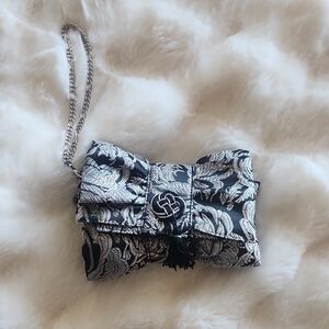 White House Black Market Black and Silver Floral Clutch